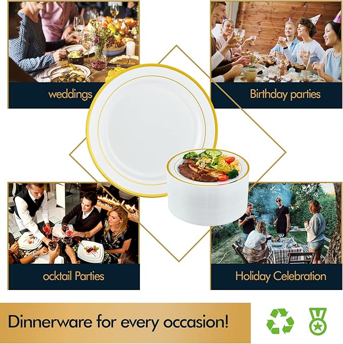Vplus 100 Piece 10 Inch Gold Plastic Plates Disposable, Heavy Duty White Elegant Durable Dinner Plastic Party Plates with Gold Rim Perfect for Party Christmas