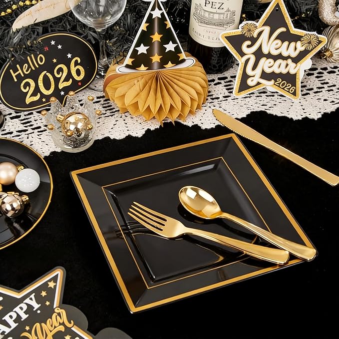 Liacere 100PCS Black and Gold Square Plastic Plates-50PCS Dinner Plate and 50PCS Dessert Plate-Durable Fancy Disposable Plates for Party & New Year & Martin Luther King Jr. Day