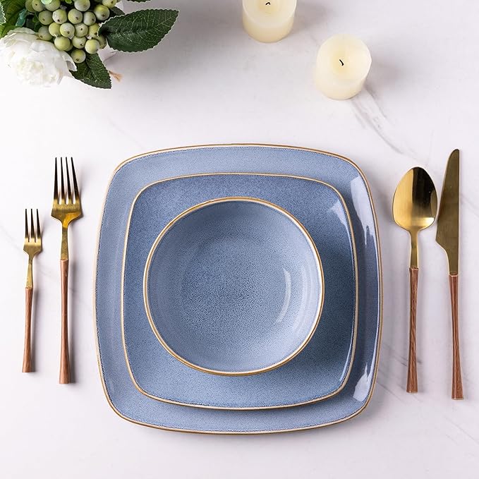 AmorArc Ceramic Dinnerware Sets for 4, 12 Pieces Square Handpainted Plates and Bowls Set, Chip and Scratch Resistant Stoneware Dishes Set, Dishwasher & Microwave Safe, Reactive Blue