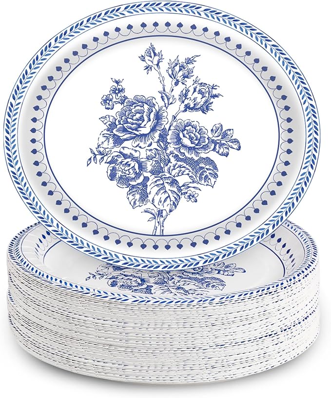 50Pcs Blue Floral Oval Plates 10"x 12", Large Disposable Paper Plates, Heavy Duty Flower Plate Tableware for Family Gathering, Dinner Time, Birthday, Wedding, Holiday Party Supplies
