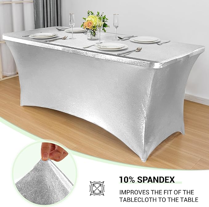 Obstal 6 Pack Stretch Spandex Table Covers for 6 Foot Tables - 6 FT Rectangular Fitted Tablecloth Protector for Wedding, Banquet, Party (Stamping Silver, 72'' Length x 30'' Width x 30'' Height)