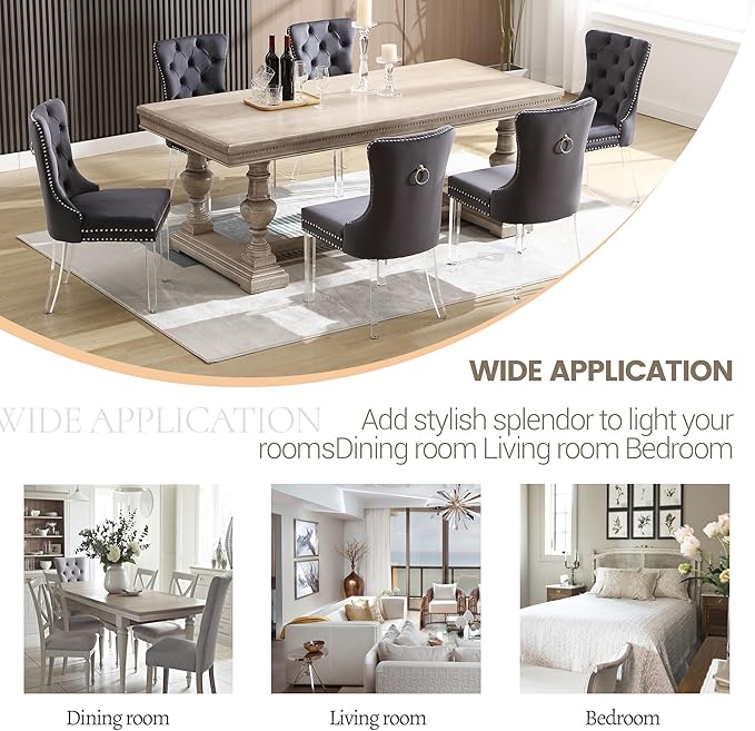 KCC Velvet Dining Chairs Set of 6, Upholstered Tufted Wingback Dining Room Chair with Nailhead Back Ring Pull Trim Solid Acrylic Legs, Contemporary Nikki Collection Style for Kitchen, Grey