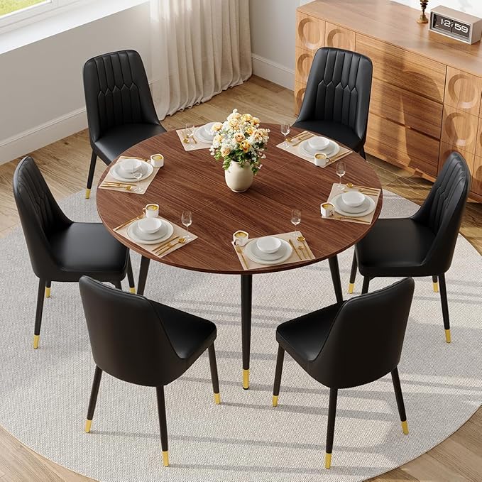 53” Round Dining Table Set for 6｜7 Piece Wood Dining Table Set｜Extendable Dining Room Table with 6 Chairs｜Walnut Wooden Tabletop with Metal Legs｜Easy Assembly｜Space Saving｜for Kitchen, Living Room