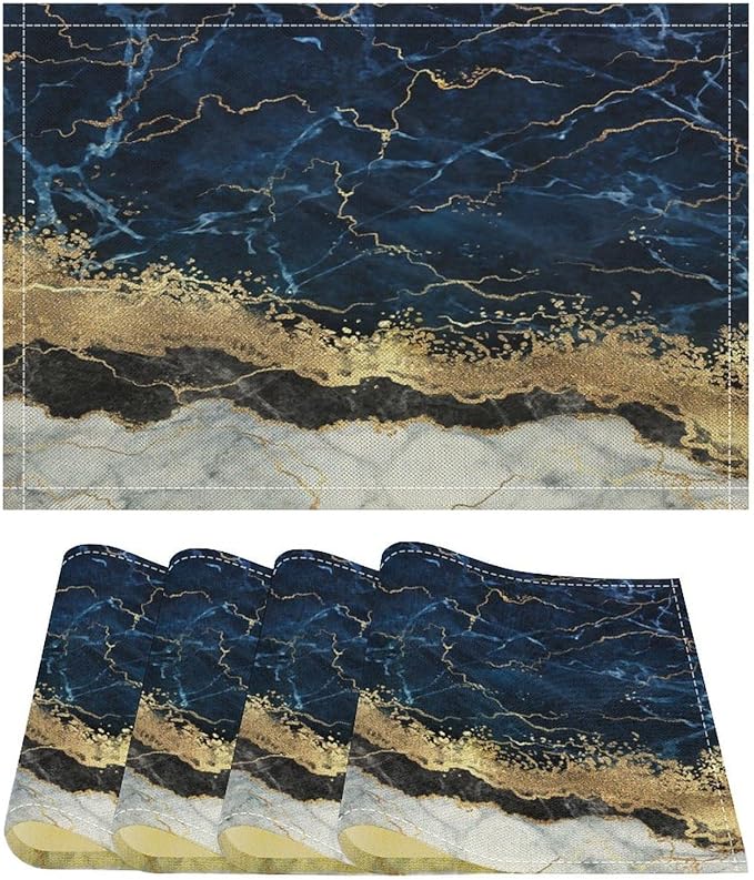 Marble Linen Placemats Set of 4, Modern Luxury Foil Cracked Texture Navy Blue Gold Marble Washable Place Mats, Non Slip Placemat for Home Party Dining Tables Wedding Kitchen Banquets Decor 12x17 Inch