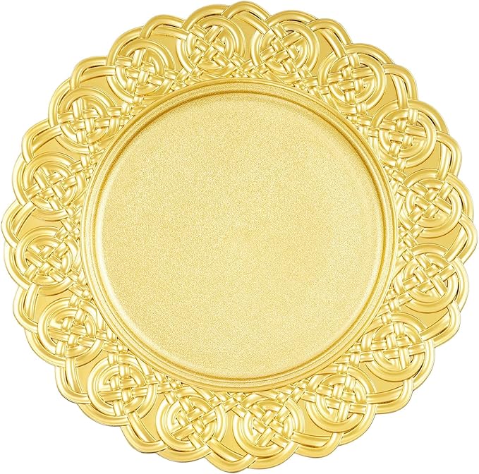 100 Pcs Antique Charger Plates Bulk, 13in Reusable Serving Plates Embossed Rim Plastic Party Dinner Plate Chargers Round Decorative Server Plate for Wedding Party Event Tableware