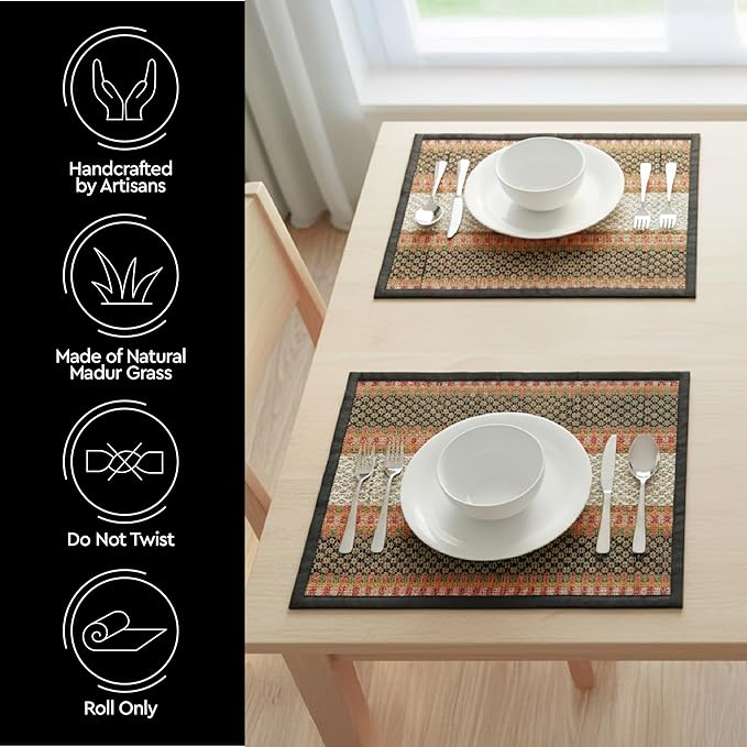 Encasa XO Woven Black Placemats Set of 4 – 12" x 17" | Handwoven Madurkathi Grass Table mats for Dining Table, Kitchen & Outdoor Decor | Durable & Heat‑Resistant