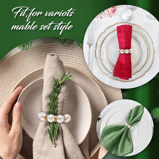 100 Pcs Pearl Napkin Rings, Exquisite Gold Napkin Rings Bulk, Suitable - Image 3
