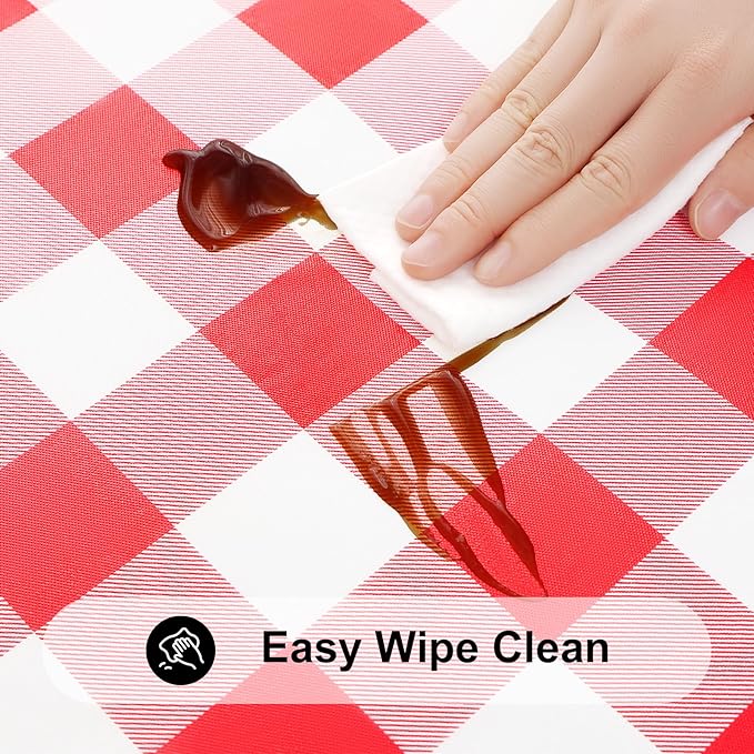 Smiry Square Picnic Table Cloth, Elastic Waterproof Fitted Vinyl Tablecloths, Flannel Backed Buffalo Plaid Table Covers for Dining, Camping, Outdoor (White and Red, 34" x 34")