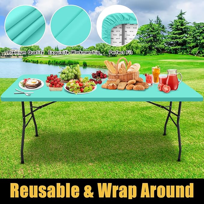 Smiry Rectangle Picnic Table Cloth, Waterproof Elastic Fitted Tablecloths for 8 Foot Tables, Washable Polyester Table Cover for Camping, Indoor and Outdoor (Aqua, 30"x96")