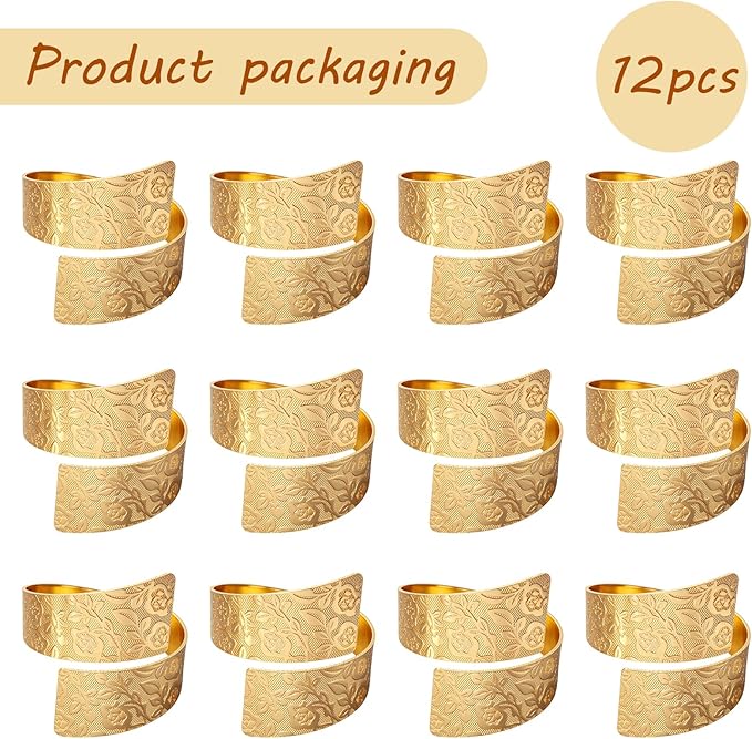 Napkin Rings Set of 12, Irregular-Shaped Metal Napkin Holders with Rose Patterns for Wedding Dining, Holiday Table Decor, Perfect for Home Chefs & Party Planners（Gold）