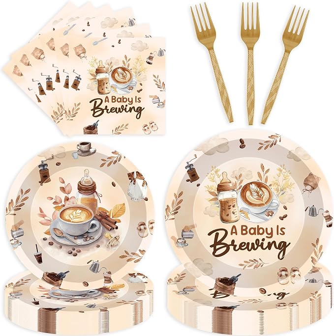 96 Pcs A Baby Is Brewing Baby Shower Decorations, Gender Reveal Tableware Set by EoBeCy