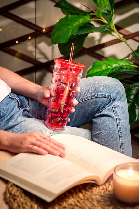 bzyoo 24oz Plastic Tumbler Cup, Lid & Straw, Iced Coffee Cherry Splash | Double - Image 7