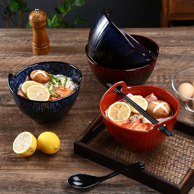 Ramen Bowl with Chopsticks and Spoons, Ceramic Set of 2, Dishwasher Safe for Pho Udon Soba Noodle Salad Pasta, Special Reactive Glazed Crimson Bowls Set