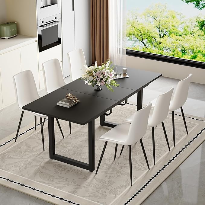 Extendable Dining Table Set for 6, 55"–71" Modern Black Kitchen Table with 6 Upholstered Chairs, Space-Saving for Living Room Apartment, Sturdy & Comfortable, Easy Assembly