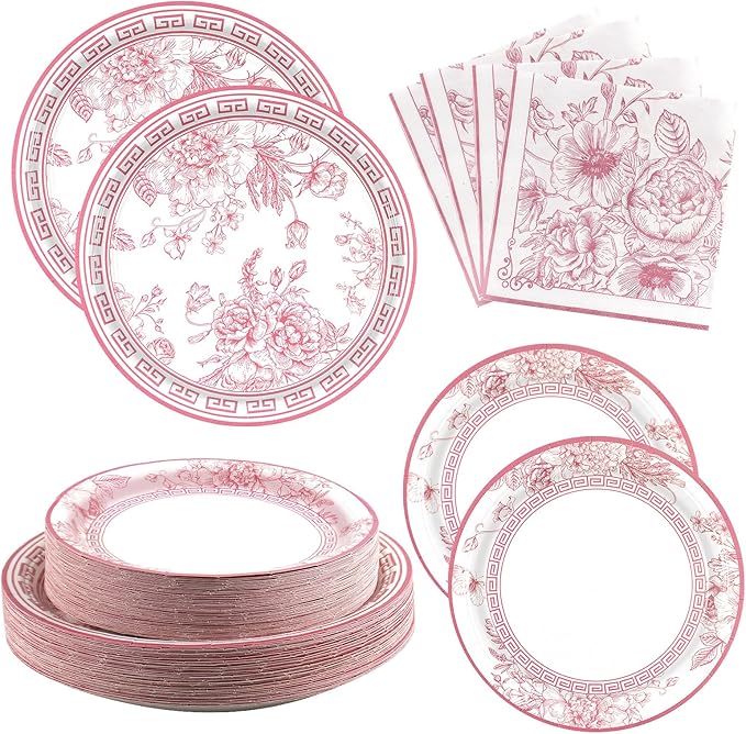 Pink White Floral Paper Plates and Napkins Party Supplies Serve 60 | 180PCS by Osonm