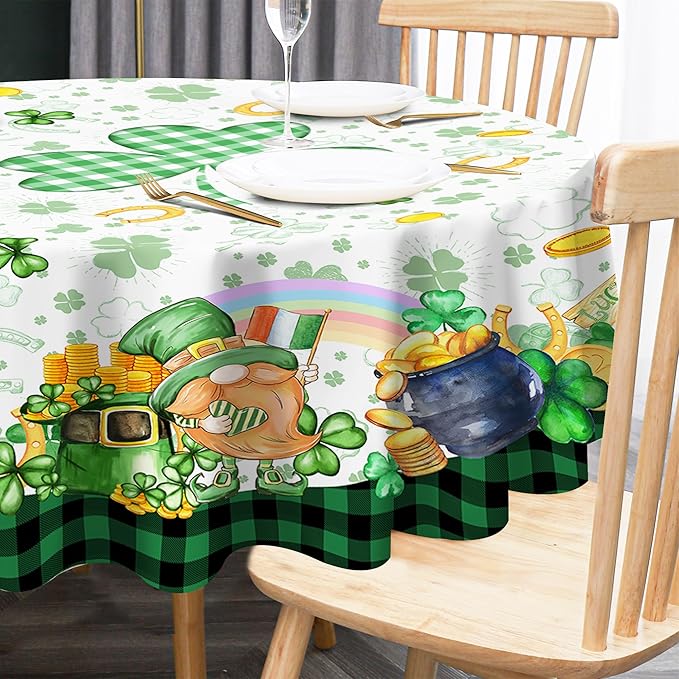 St Patricks Day Tablecloth, St Patricks Table Cloth Rectangle 60 x 104 with Shamrock Gnome, Saint Patricks Day Oblong Tablecloth Buffalo Check Plaid Kitchen Table Cover for Dining Room Indoor Decor