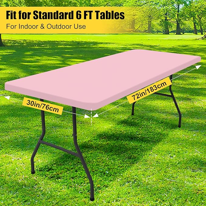 Smiry Rectangle Picnic Table Cloth, Waterproof Elastic Fitted Tablecloths for 6 Foot Tables, Washable Polyester Table Cover for Camping, Valentine's Day and Outdoor (Pink, 30"x72")