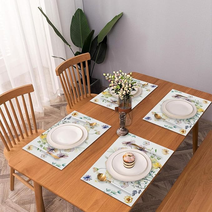 AOFOTO Floral Placemats Set of 4 Watercolor Blue Yellow Flower Green Leaves Printed Place Mats Rectangular Artistic Table Mats for Party Home Kitchen Restaurant Dining Table Decor 12x18 Inch