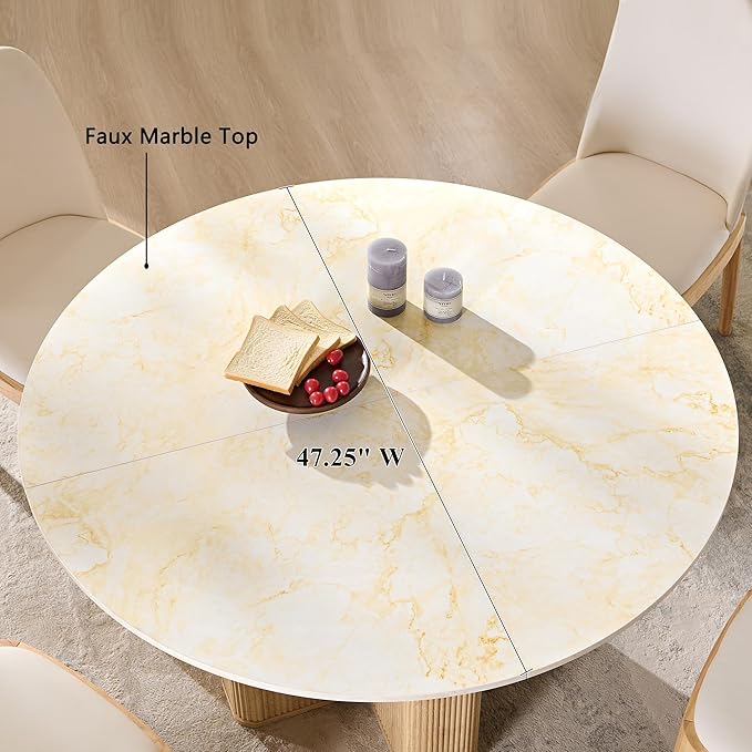T4TREAM 47" Fluted Round Dining Table for 4-6, Mid-Century Modern Kitchen Table with Thickened Edge & Sturdy Pedestal Base for Kitchen Living Room,Marble & Natural Oak(Table Only)