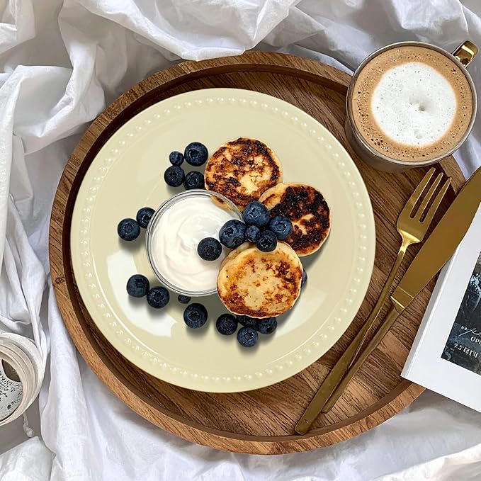 Melamine Beaded Appetizer/Salad/Dessert/Side Plates, Cream, Set of 6, 8.5 inch, Platter, Serving Dishes, Kid-Friendly, Chip and Break-Resistant, Durable, for Indoor and Outdoor, Dishwasher Safe