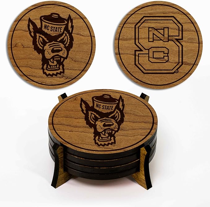 LazerEdge NC State Wolfpack Wooden Coaster Set - Cherry Wood - Officially Licensed Product - 4-Pack