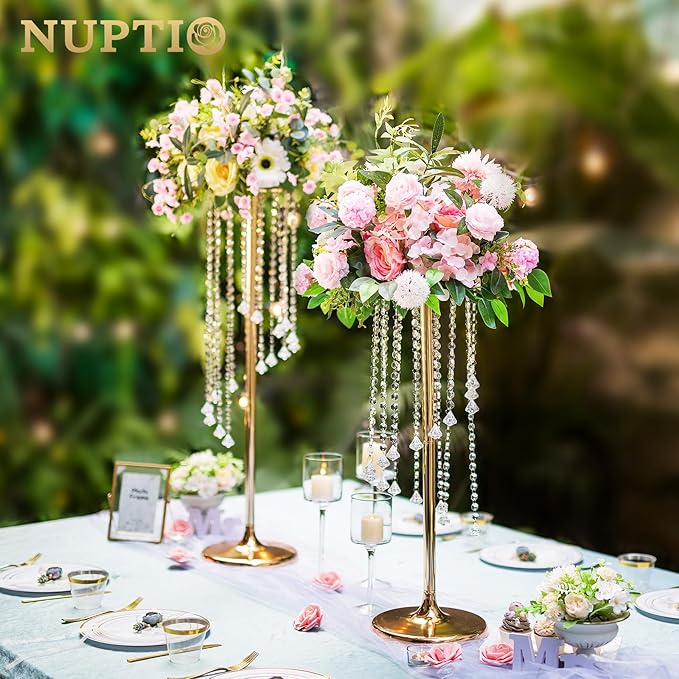 Nuptio 2 Pcs 27.6inch Tall Wedding Centerpieces Gold Vases Crystal Flower Vase Metal Flowers Stand for Party Tables Decorations - Elegant Bulk Weddings Decoration Table Chandelier Centerpiece Stands
