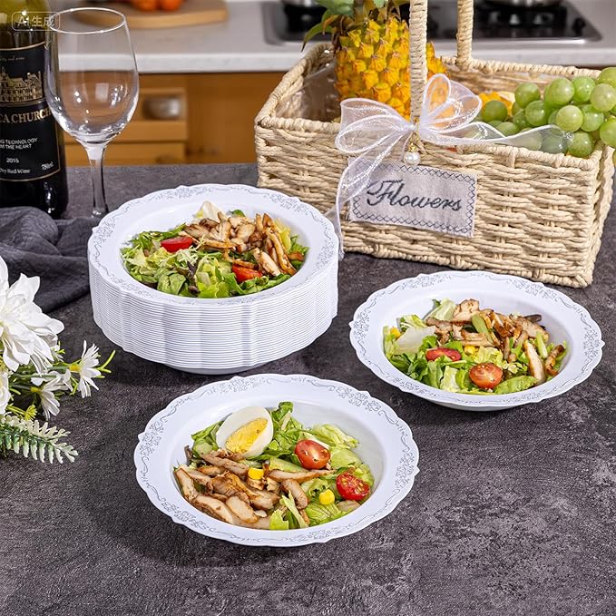 DaYammi 30 Pack Plastic Bowls with Silver Rim, 12oz Disposable Soup Bowls, Silver Bowls Disposable Heavy Duty Dinner Bowls for Weddings,Plastic Serving bowls Parties,Dinners,Catering and Everyday Use