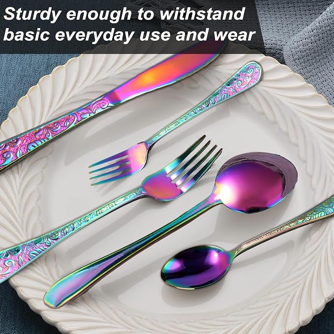 Runfly Vintage Carved Rainbow Stainless Steel 20-Piece Flatware Set | - Image 4