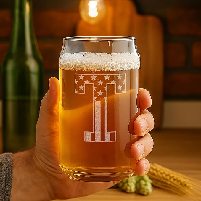 Monogram Beer Glasses for Men (A-Z) 16 oz - Beer Gifts for Men Brother Son Dad Neighbor - Unique Gifts for Him - Personalized Drinking Gift Beer Glass Mugs - Engraved Beer Can Glass (T)