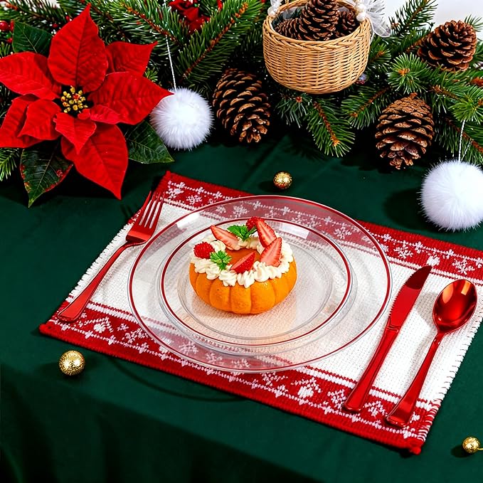 SUT 175 Pcs Red and Clear Plastic Dinnerware Set for 25 Guests, Include: 25 Dinner Plates, 25 Dessert Plates, 25 Pre Rolled Napkins With Silverware, 25 Cups, Disposable Plates for Party