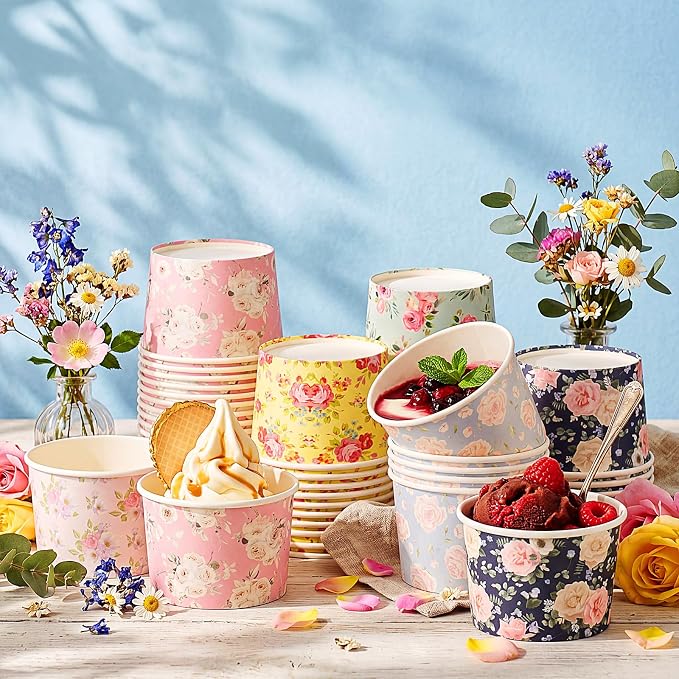 CHENGU 60 Pcs Floral Snack Cups 9 oz Disposable Floral Paper Dessert Bowls - Image 6