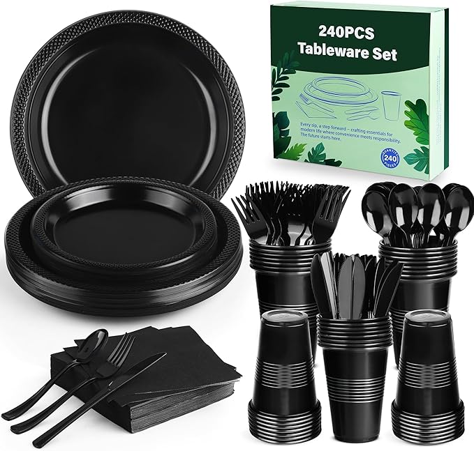 Kochorie 240 Pieces Black Plastic Dinnerware Set for 30 Guests Disposable Heavy Duty Plates Napkins Cups and Silverware Dessert Dinner Plates for Birthday Wedding Halloween Party Supplies