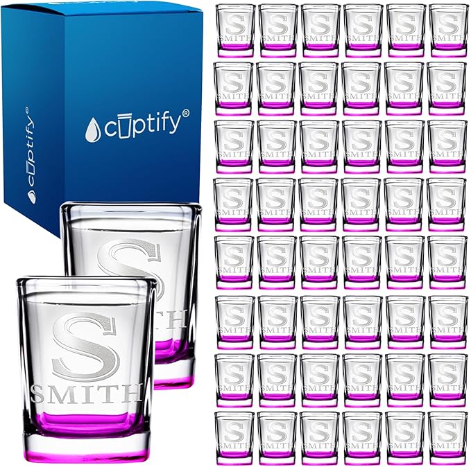 Personalized Square Shot Glasses Set of 50 Pink Bottom 2oz Engraved Initial and Name Custom Gifts, Weddings, Birthdays, Bachelorette Party and Decorations for Women