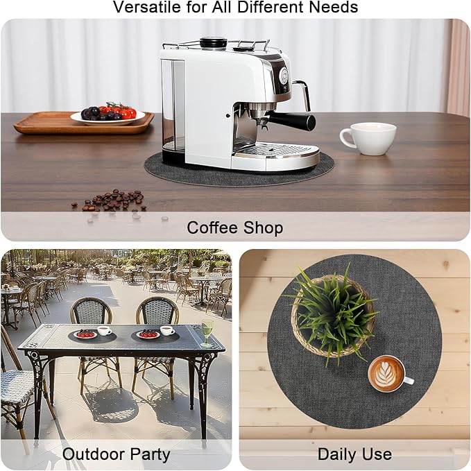 Myir JUN Round Placemats, Dual Sided Faux Leather Place Mats Set of 6 Indoor/Outdoor Non-Slip Washable Table Mats (Gray, Set of 6)
