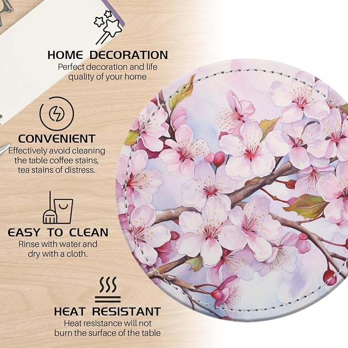Coasters for Drinks PU Leather,Set of 6 with Holder,Round Housewarming Gift Home Decor,Cherry Blossoms with Pink Petals