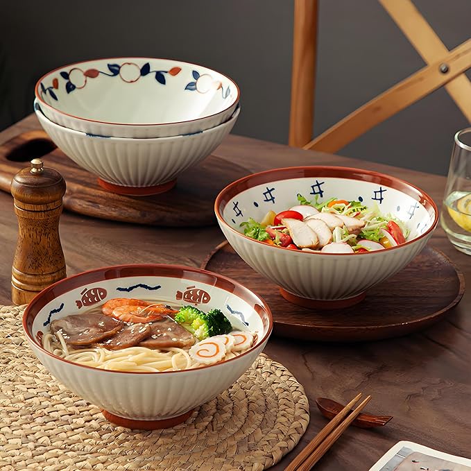 8 Inch Ramen Bowls Set of 4 with Spoon, 38 Oz Soup Bowls for Noodle,Udon,Vintage Japanese Style, Microwave & Dishwasher Safe