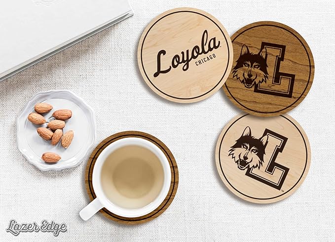 LazerEdge Loyola Ramblers Wooden Coaster Set - Maple Wood - Officially Licensed Product - 4-Pack