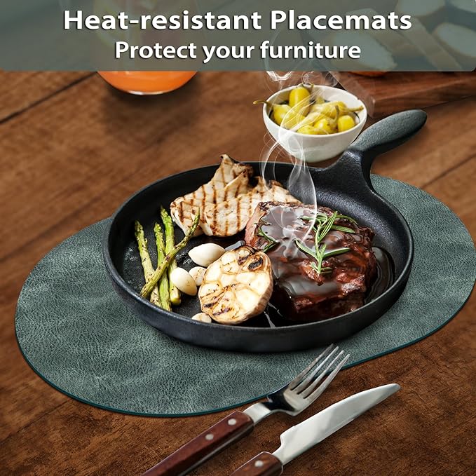 ADRIMER Placemats, Heat Resistant Oval Placemats Set of 6 Washable 12 x 17 Inch, Waterproof Table Mats, Wipeable Pu Place Mats for Kitchen, Dining Room, Blue & Green