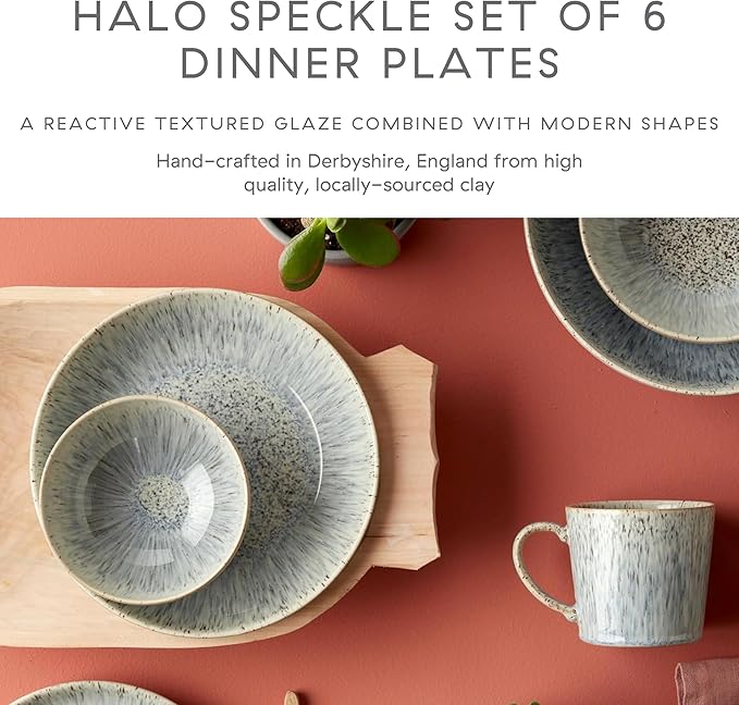 Denby - Halo Speckle Dinner Plates Set of 6-10.25 Inch Dishwasher Microwave Oven Safe - Scratch Chip Resistant - Grey, Neutral, Blue Large Ceramic Stoneware Dinnerware Plates Set