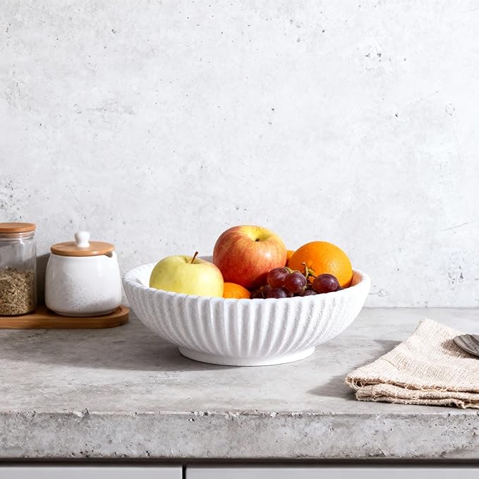 DOVDOV White ruffled-edge decorative bowl, large modern fruit bowl, home decor bowl for kitchen counter, coffee table, or entryway table, minimalist key holder and centerpiece fruit bowl.