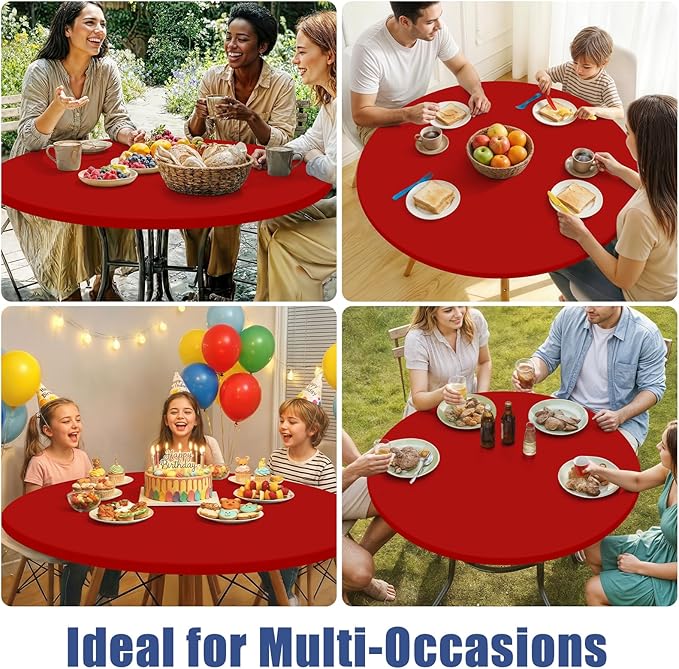 Round Spandex Tablecloth, Elastic Fitted Waterproof Tablecloths for 42"-50" Tables, Stretch Washable Picnic Table Cover for Camping, Dining, Indoor and Outdoor, Red