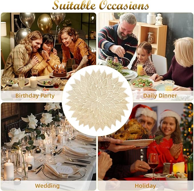 Placemats Set of 4, Round Hollow Out Flowers Place Mats for Dining Table Pressed Vinyl Blooming Leaf Table Mats for Holiday Party Wedding Accent Centerpiece Dinner Table Decoration (Gold)