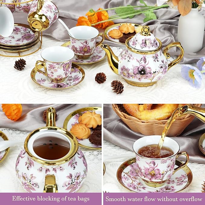 20 Pcs Porcelain Tea Set With Metal Holder, - Image 7