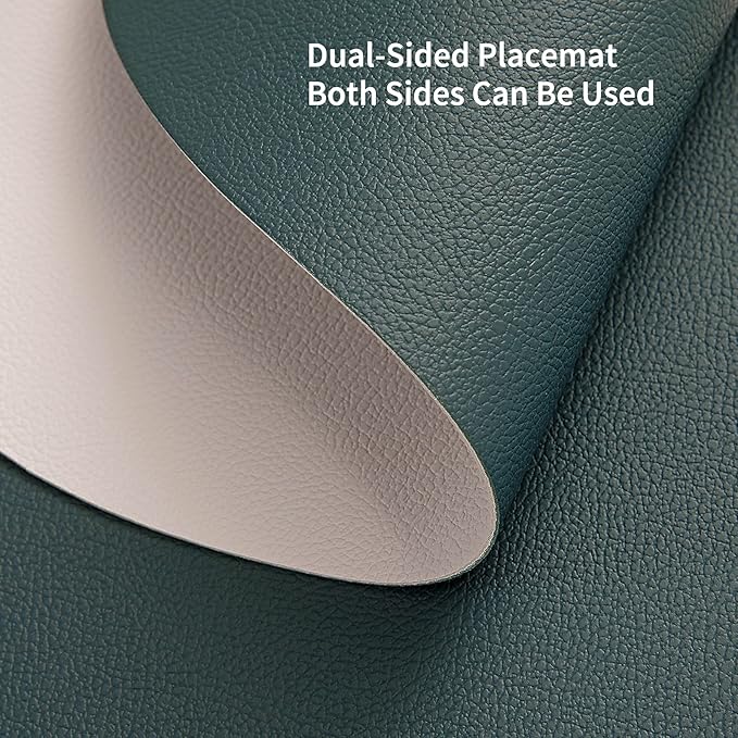 Myir JUN Round Placemats Set of 6 Faux Leather Place Mats and Coasters 15 inch Round Table Mats Dual Sided Non-Slip Stain Resistant Placemats (Beige & Green, Set of 6)