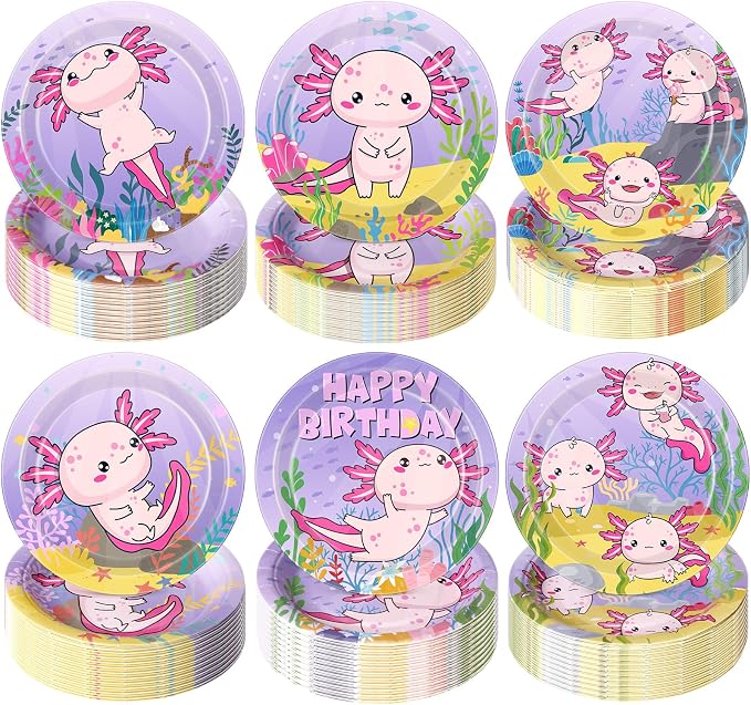 Gerrii 60 Pcs Axolotl Birthday Party Decorations 7 Inch Purple Axolotl Plates by Gerrii