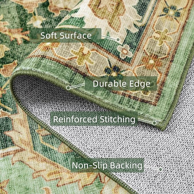 Deerly Green Runner Rug 3x10 Boho Washable Extra Long Rug for Hallway, Waterproof Large Kitchen Floor Rug, Non-Slip Stain & Fade Resistant, Vintage Floral Decor