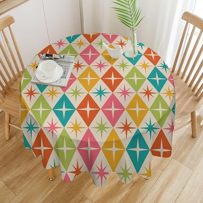 Abstract Geometric Round Tablecloth, Mid Century Retro Abstract Vintage Tablecloth for Home Party Dining Room Kitchen Decor 70Inch(178cm)