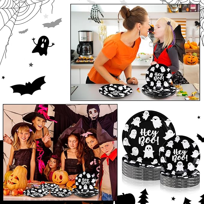 48 Pcs Halloween Hey Boo Paper Plates Set Include 9 Inch Ghost Disposable Dinner Plates 7 Inch Scary Dessert Plate Tableware for Halloween Birthday Party Supplies