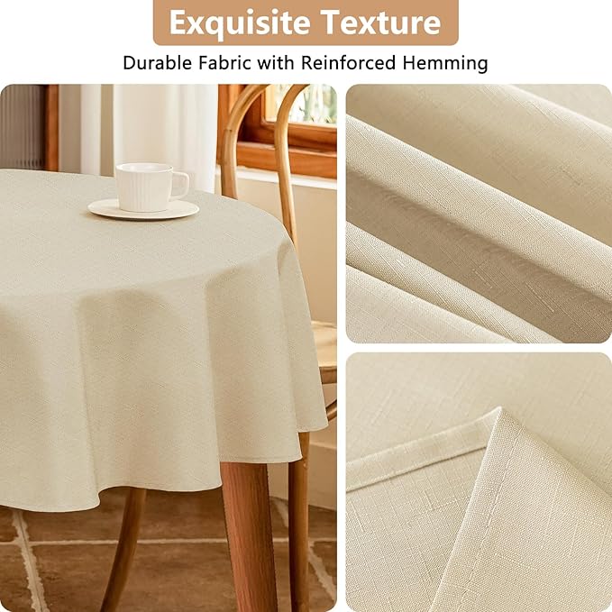 Water Resistant 60 Inch Beige Round Table Cloth, Textured Wipeable Round Tablecloth, Anti-Scratch Faux Linen Fabric for Card Table Dining Room Kitchen Patio