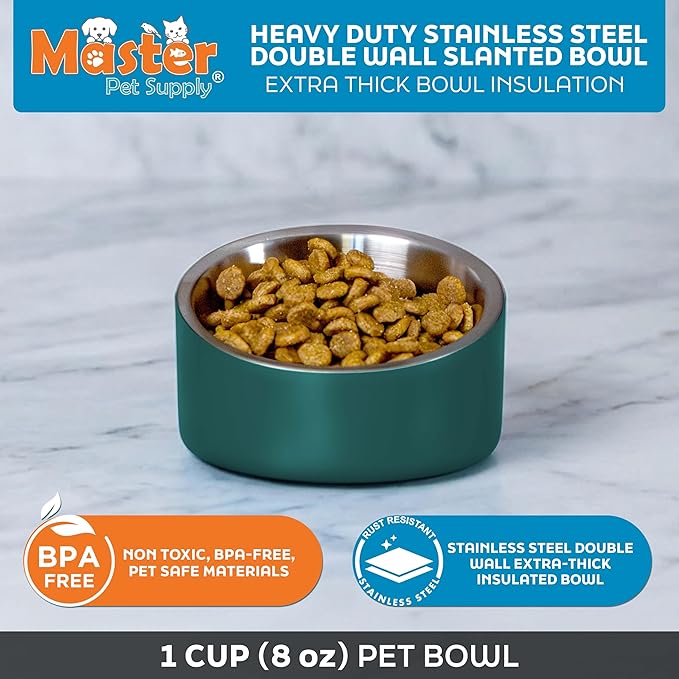 Master Pet Supply Stainless Steel Slanted Dog Cat Food Bowl - 8 oz Heavy Duty - Emerald Sea, Double Wall Insulated, Non-Slip Elevated Bowl for French Bulldogs Pugs Cats, Anti Rust Dishwasher Safe